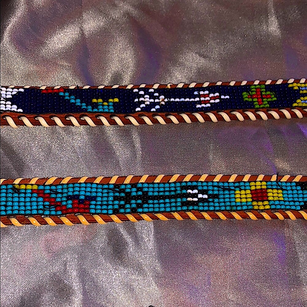 VINTAGE Genuine Leather Beaded Belts - Indian 32”